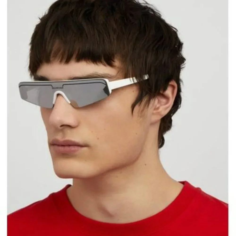Balenciaga BB0003S 002 Sunglasses White Silver Grey Mirrored Unisex